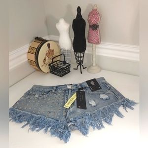 Encore Jeans High Waist Embellished/Distressed Fringe Jean Shorts NWT